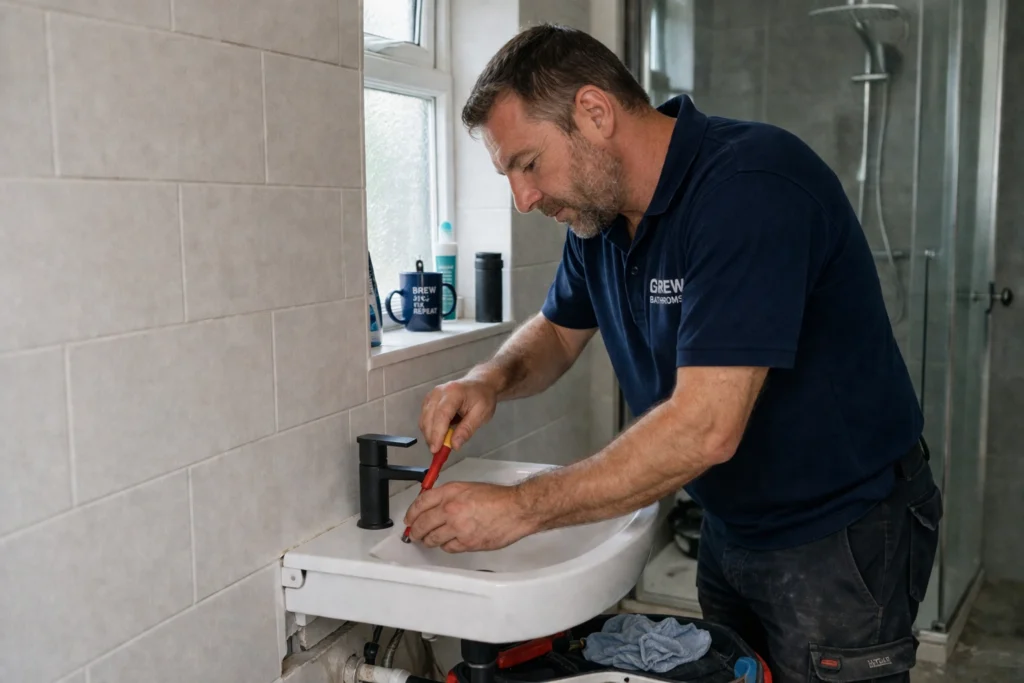 Bathroom renovation North Dublin by professional plumber installing sink in modern Dublin home