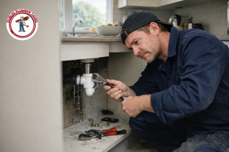 Emergency plumber Malahide fixing leaking pipe under kitchen sink in Dublin home