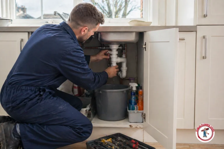 Emergency plumber Clontarf issue showing a leaking pipe under a kitchen sink with water dripping and a bucket catching water