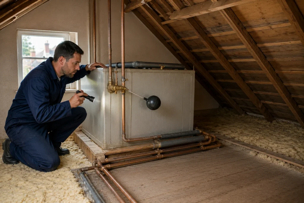 Professional plumber inspecting attic water tank problems in an older North Dublin home