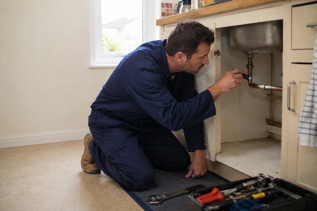 Old house plumbing issues being inspected by a plumber in a North Dublin home