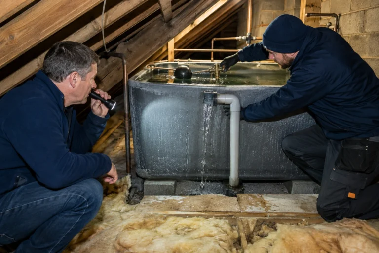 Cold water tank overflowing in an older North Dublin home attic