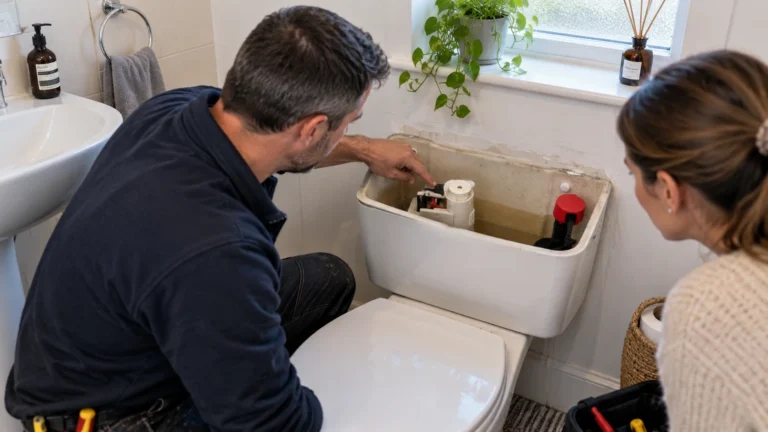 Plumber inspecting a toilet cistern making noise after flushing