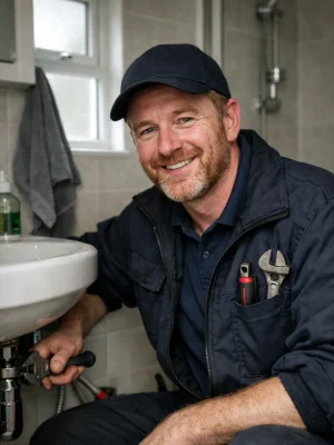 Experienced North Dublin plumber fixing pipework under a bathroom sink.