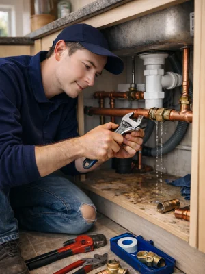 Plumber prices Dublin – professional plumber repairing leaking pipe in Dublin home